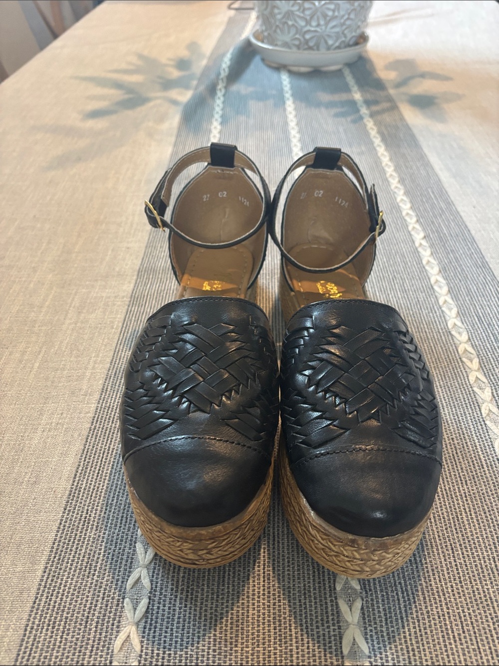 Woven Leather Ankle-Strap Platform Espadrilles - Black